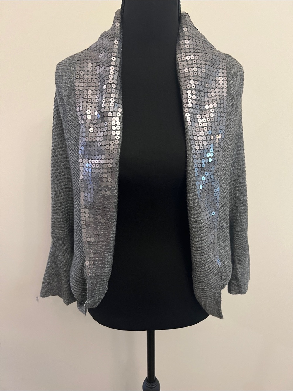 Cache Silver Gray Sequin-Trim Open Cardigan